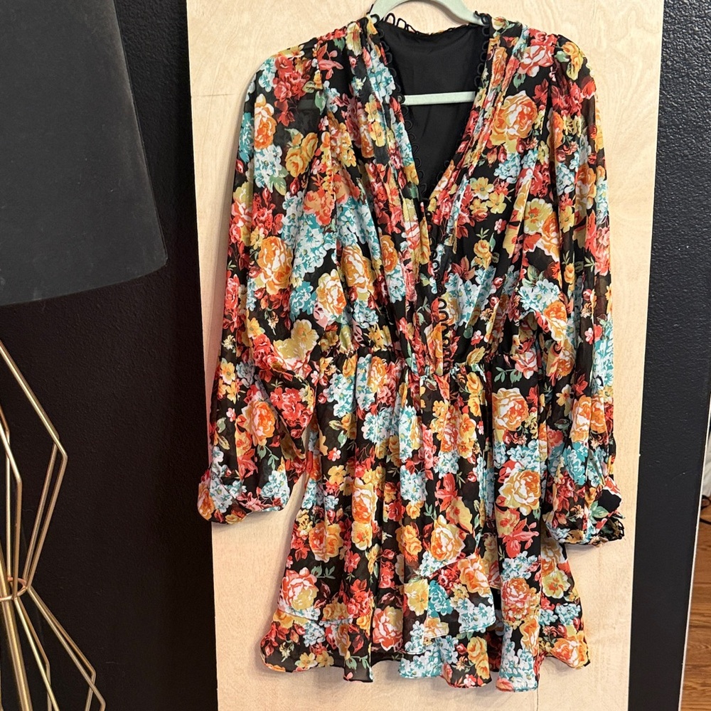 Chicwish Black Floral Mini Dress with Orange, Yellow & Aqua Flowers